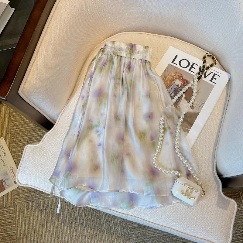 Temperament Elegant Summer Tie Die Printing Elastic Waist Drawstring Sweet Fashion Casual Loose Chiffon Wide Leg Trousers Shorts