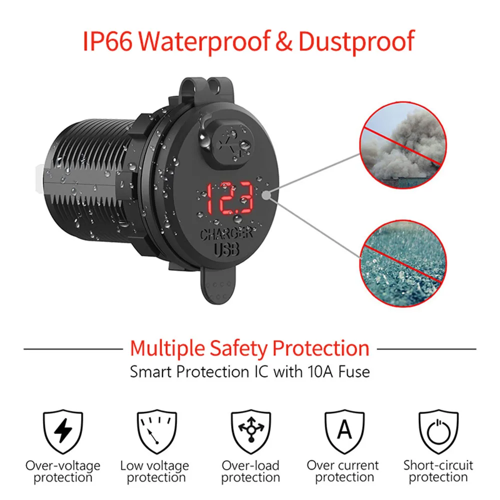 Telepon USB QC 3.0 18W, adaptor daya Motor mengecas cepat dengan saklar Display voltase Voltmeter LED kendaraan DC12V-24V tahan air