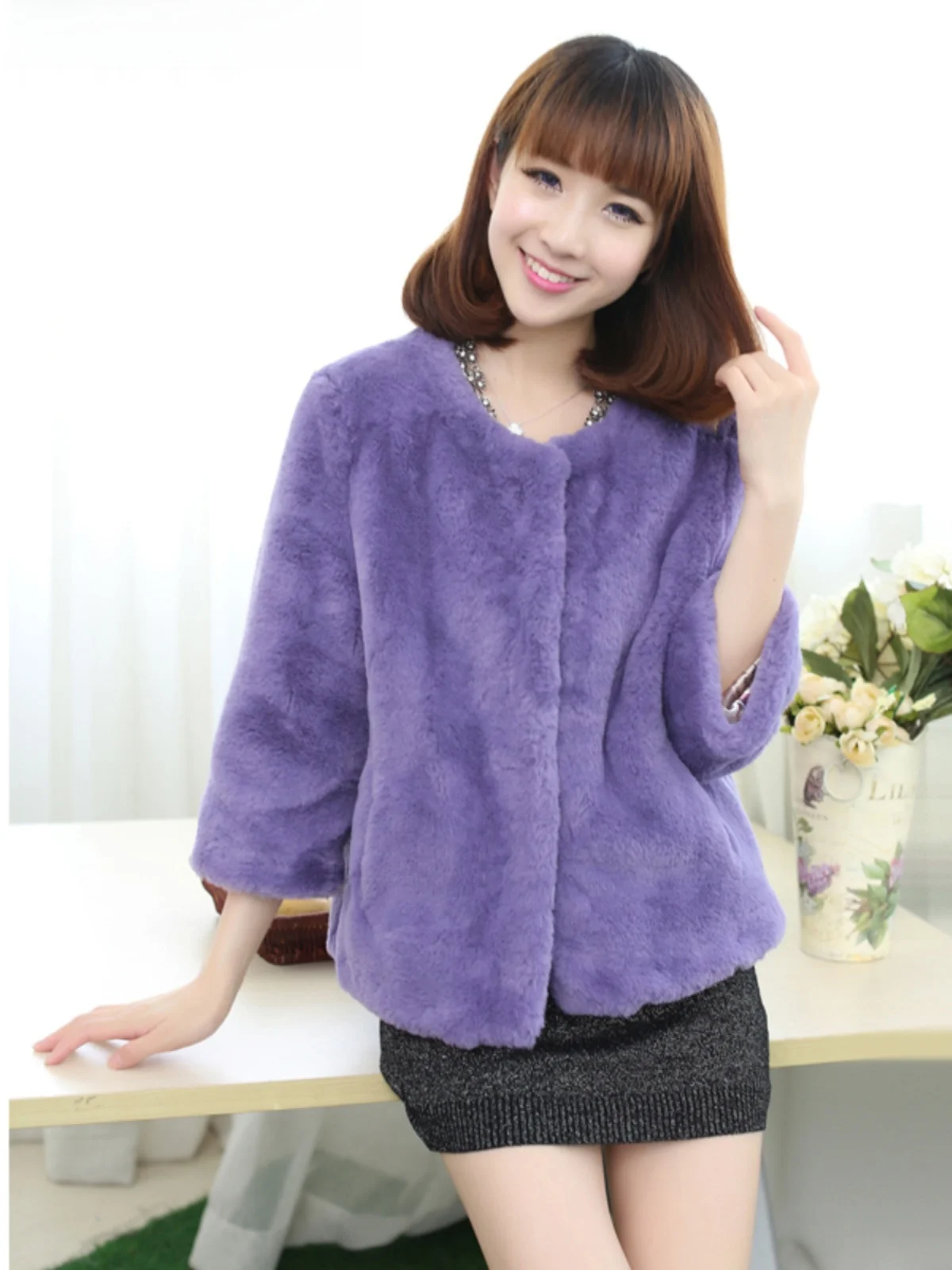 

ort Thin Sve Faux Fur Jaet Women's Korean Sle Rabbit Skin Leather Coat Tee Button round Ne Design No Hat Included