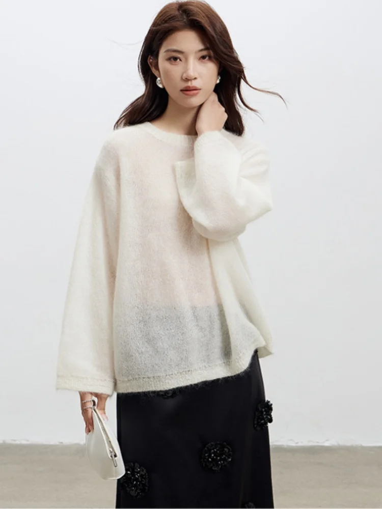 Birdtree 68.6% Wool Knited White Pink Sweater,Woman Wool Blend O-neck Full Sleeve 2025 Autumn Warmth Bottom Pullover T59413JF