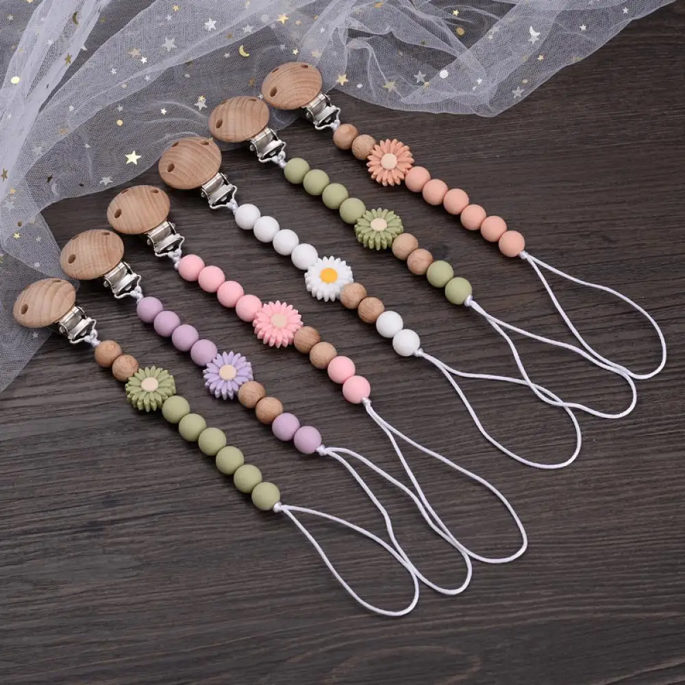 Silicone Beaded Soother Chain For Teether Nursing Toys Baby Pacifier Accessory Baby Wooden Dummy Holder Clip Handmade Flowers