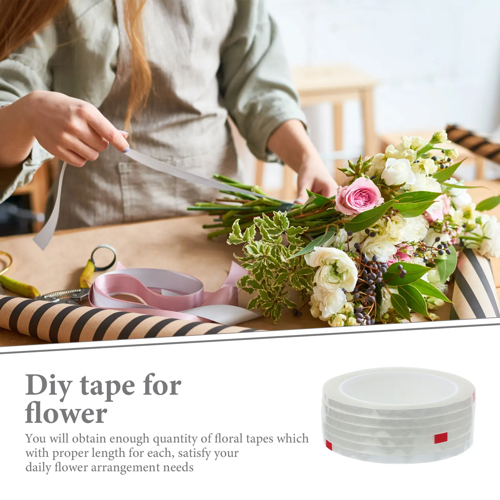 

6pcs Floral Stem Wrapping Tape Clear Waterproof 6mmx66m Transparent Flower Arrangement Tool Gift Packaging Bouquet for Florist