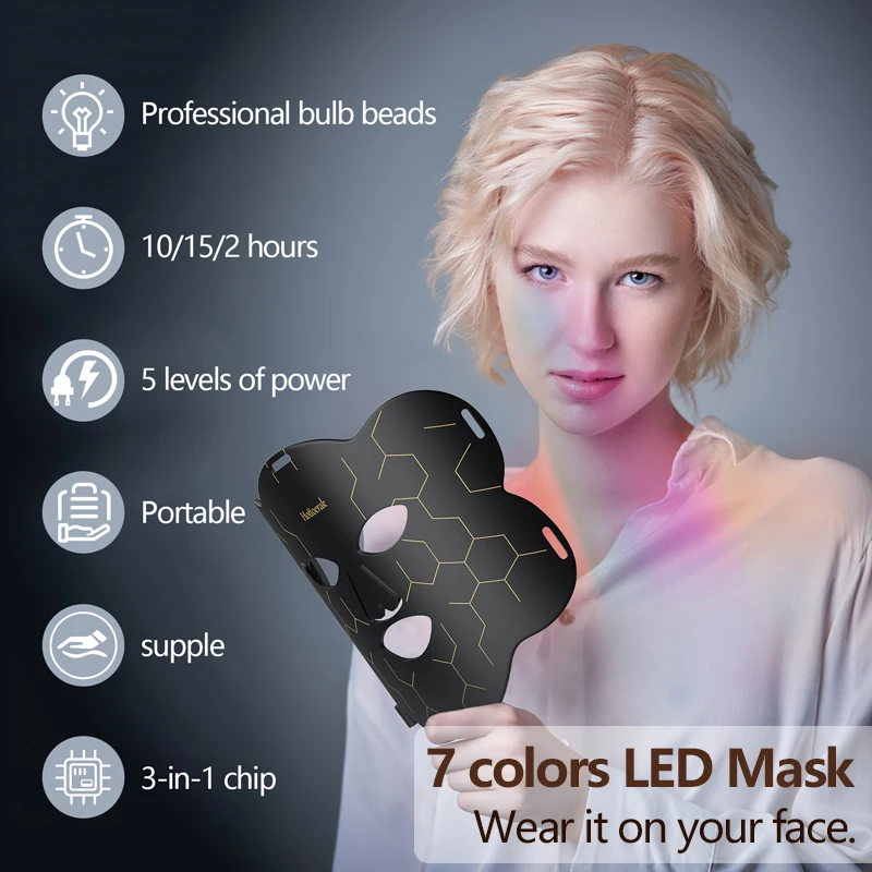 Ein Masken-Schönheitsinstrument aus schwarzem Silikon, mit sieben Bändern, die angepasst werden können