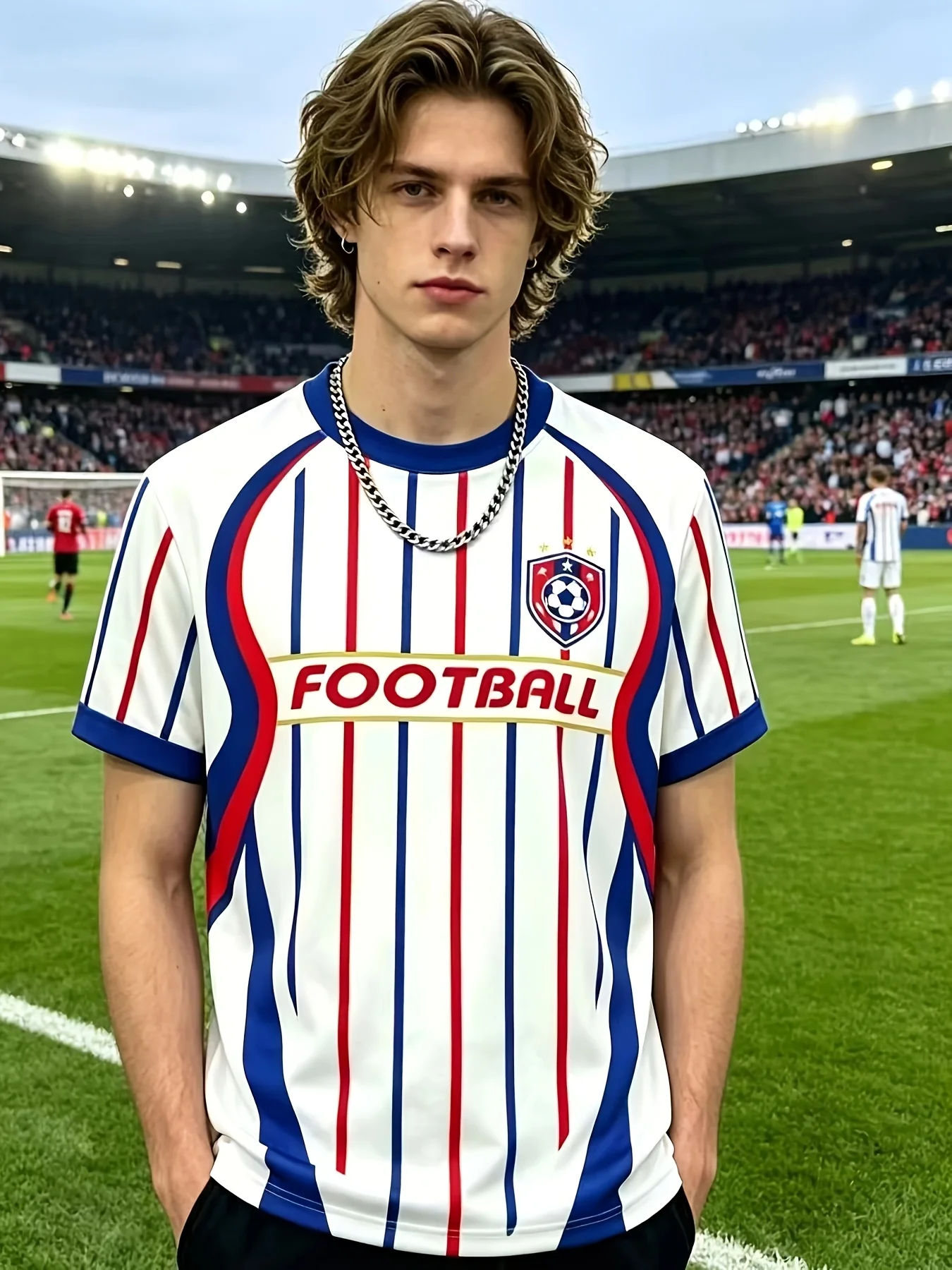 Men Football Jersey Vertical Stripe FOOTBALL Letter Badge Emblem Print Short Sleeve T‑Shirt Breathable Sports Soccer Fan Tee