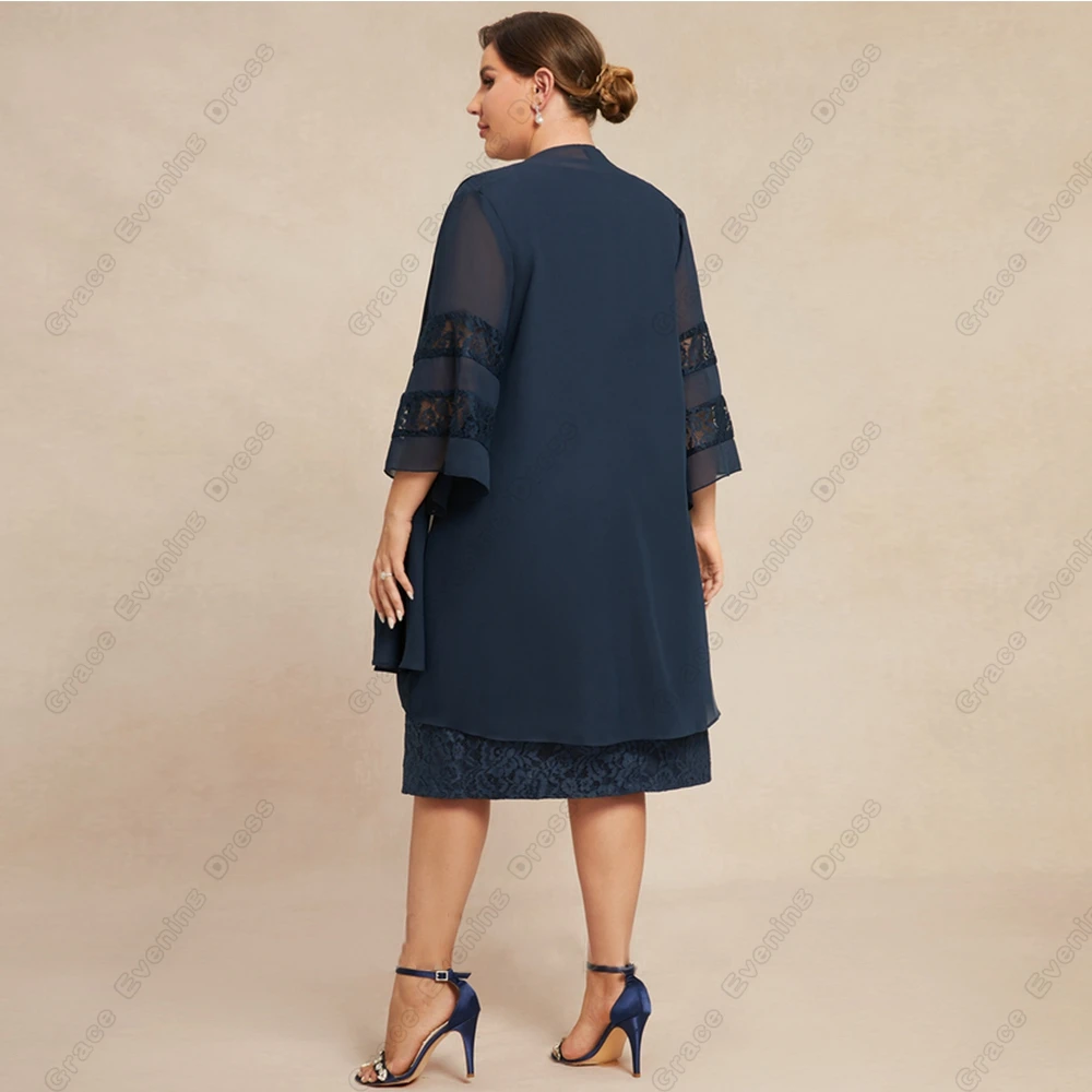 Scoop Plus Size Mother of Bride Dresses for Women 2024 Knee Length Wedding Party Dresses with Lace New Full Sleeve Robe De