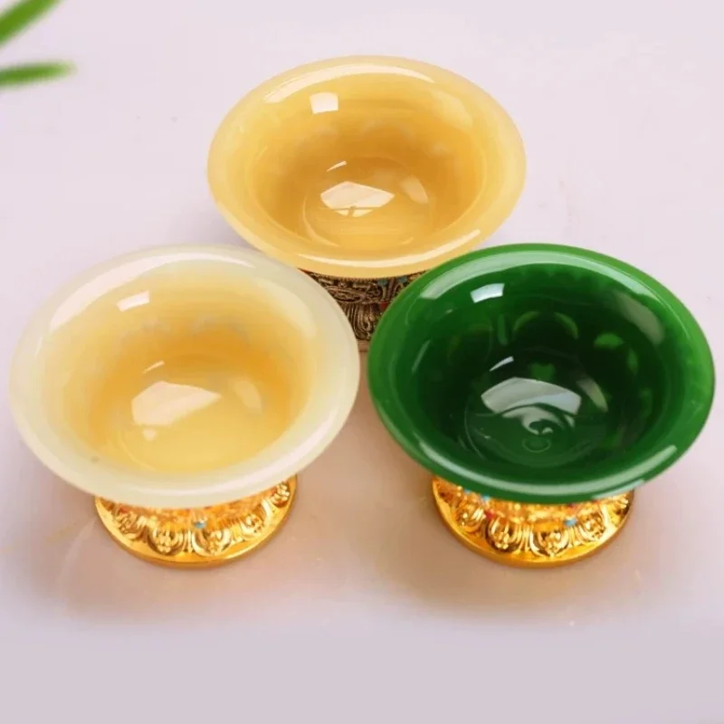 Tibetan Bowl,Holy Water Cup, Alloy Inlaid Gem Eight Auspicious Religious Worship Stone Bowl, Altars Desktop Decorative,9 cm
