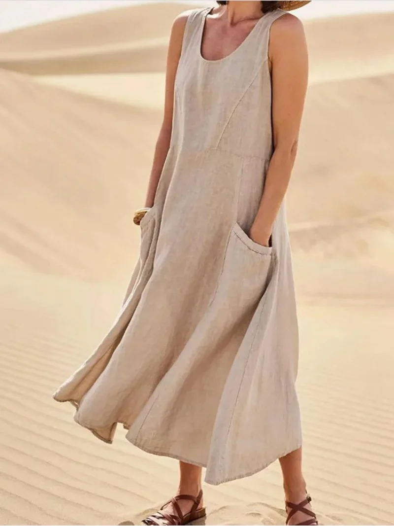 Vintage Sleeveless Tank Dress Women Elegant Round Neck Solid Cotton Linen Vestidos Summer Casual Loose Pockets Long Dresses