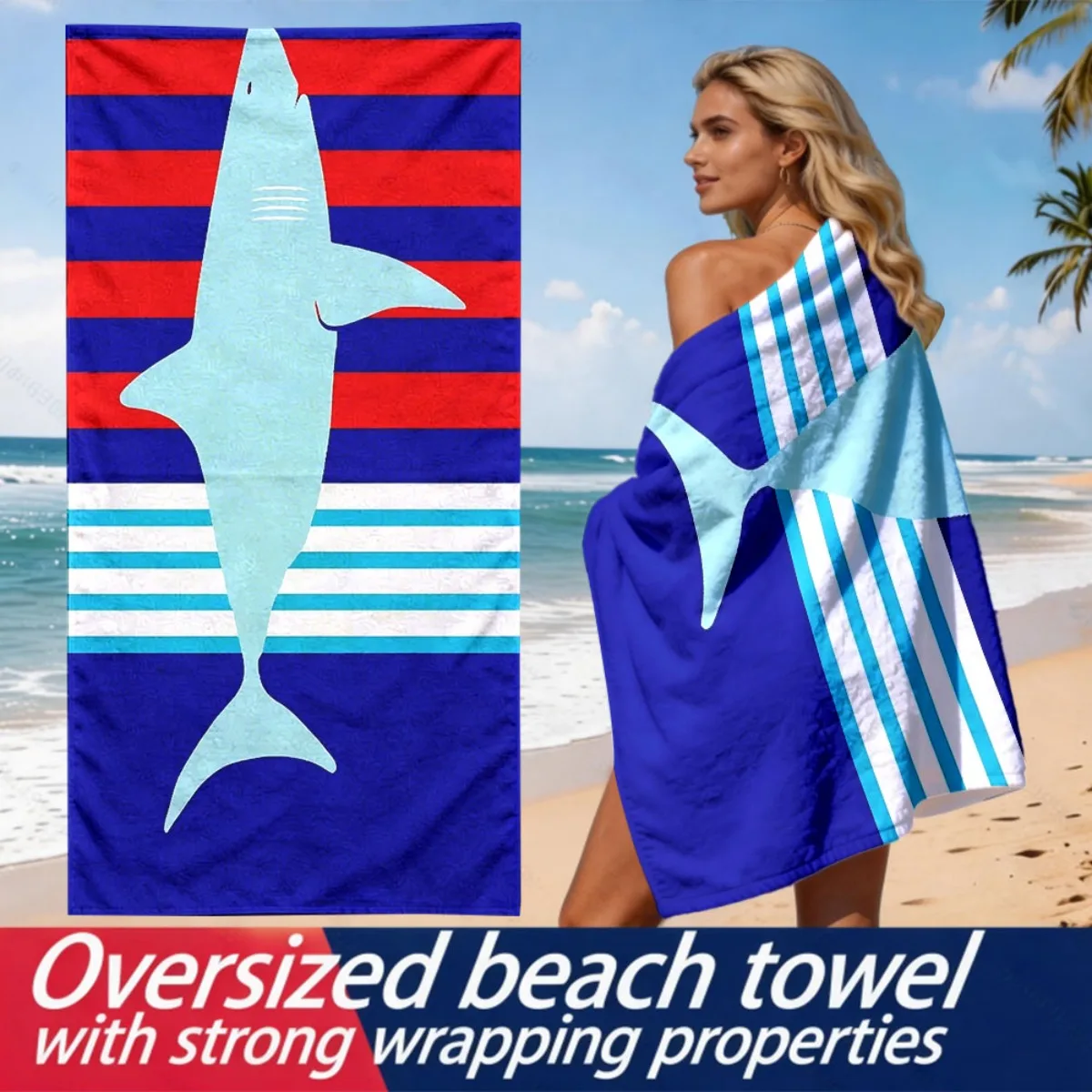 Ocean breeze shark pattern polyester microfiber beach towel is highly absorbent, suitable for swimming and beach outings