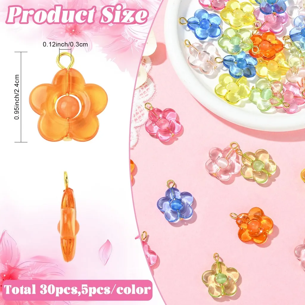 30Pcs 6 Colors Mixed Color 24mm Flower Acrylic Cat Eye Bead Charms with Iron Findings, Hole 3mm for DIY Keychain