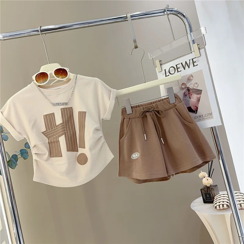 New Girls T-Shirt Casual Sets Summer Letter Short Sleeve Tops+Shorts 2Pcs Suits Kids Clothes Sport Straight Outfits 3-12 Years