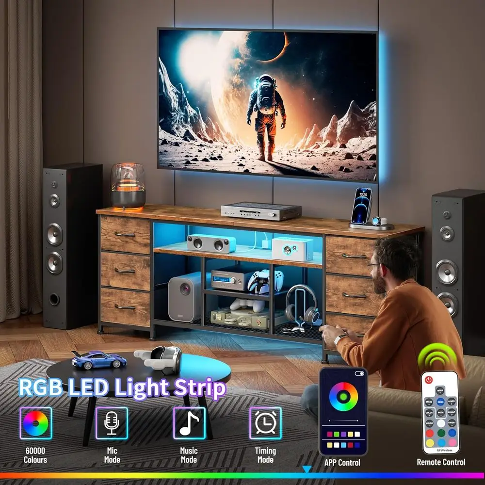 65-70 Inch LED TV Stand, 63 Entertainment Center with Power Outlets, 6-Drawer Media Console in Rustic Brown