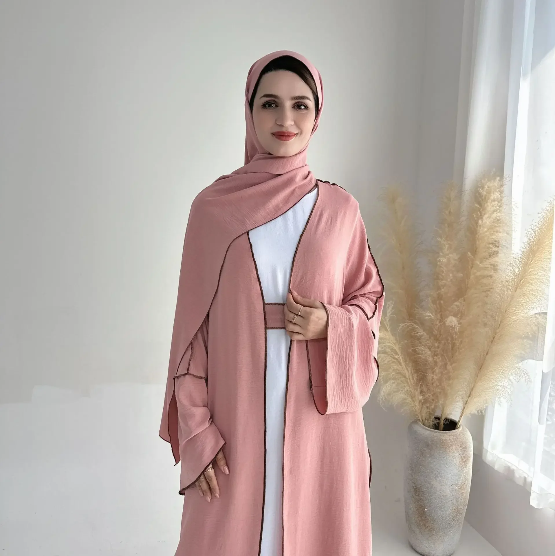

Muslim Women Hijab Dress Kimono Cardigan with Headscarf Eid Ramadan Islamic Clothing Saudi Arabic Robe Modest Kaftan Dubai Abaya