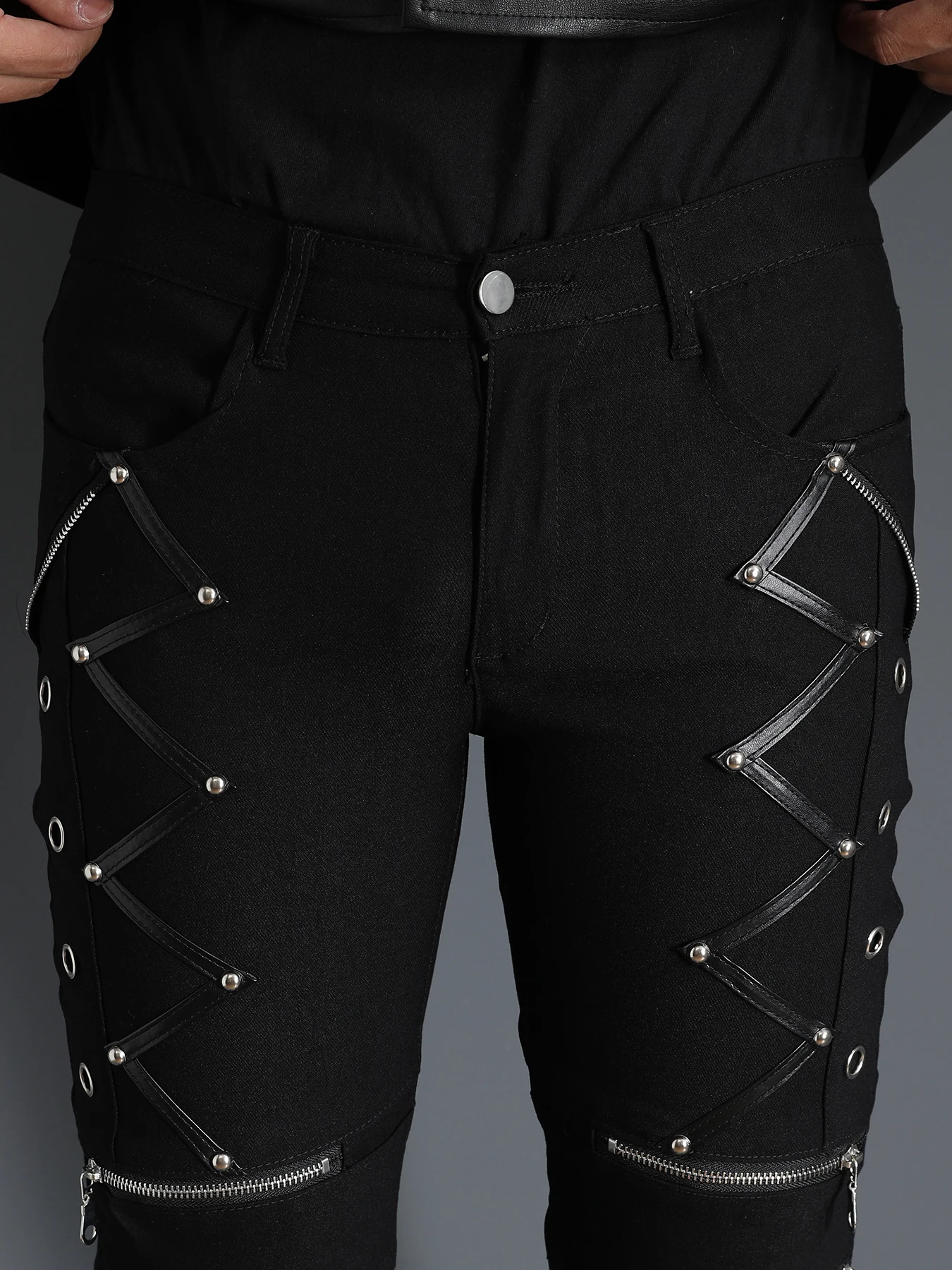 Pantalones pitillo estilo punk para hombre con cremallera múltiple Slim Fit Night Club Wear pantalones de Hip Hop para hombre