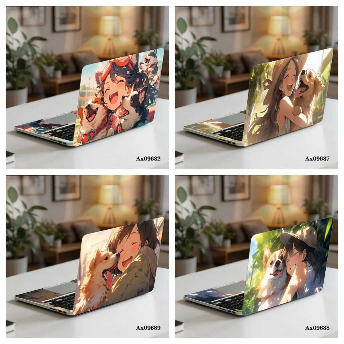 2 Pcs/pack Anime Dog Laptop Skin Sticker Self‑Adhesive PVC Notebook Cover Decal Cute Corgi Golden Retriever Art Laptop Decor