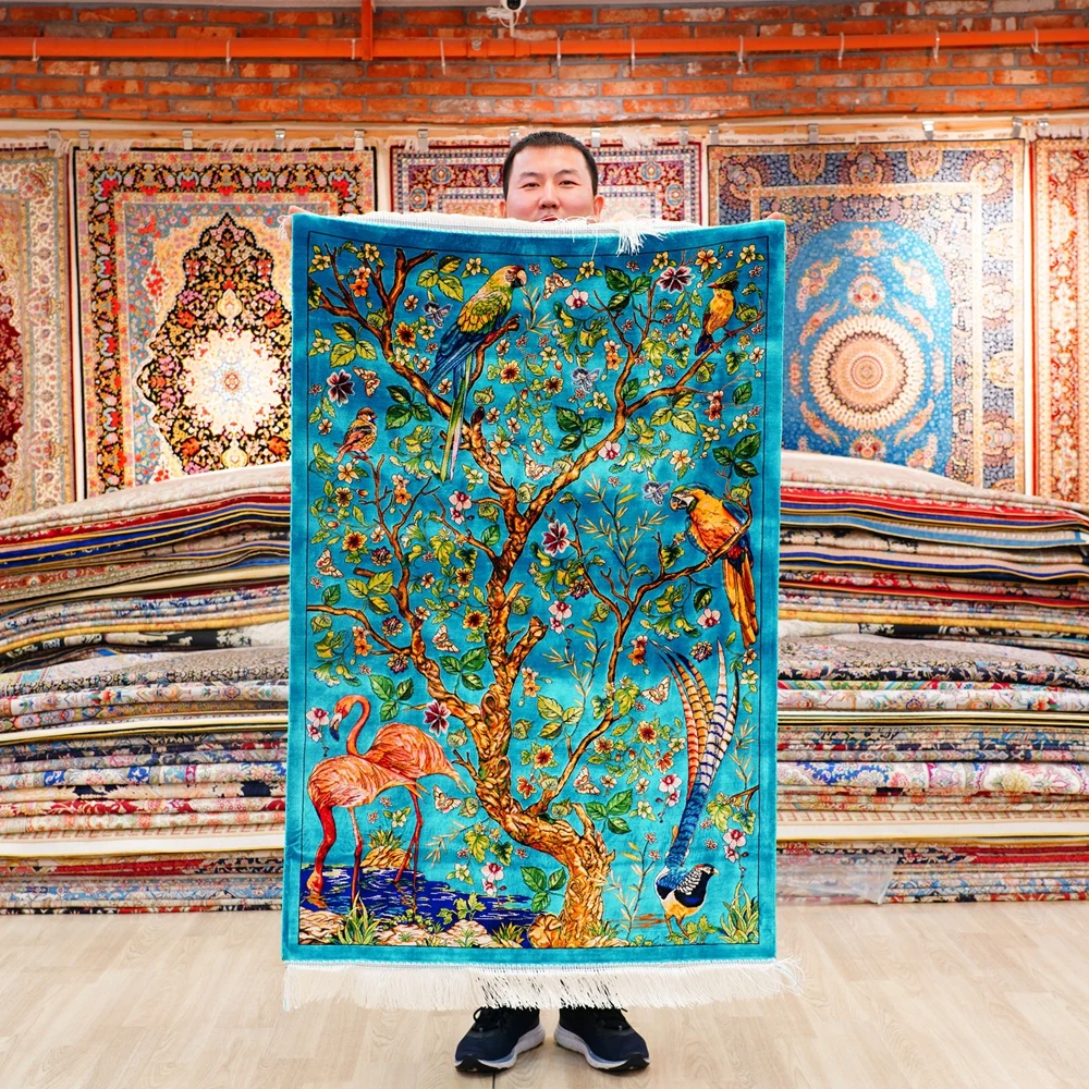 

80x125cm Pure Silk Luxury Rug Tapestry Wholesale Premium Persian Tree of Life Handmade Soft Carpet for Living Bedroom Home Wall