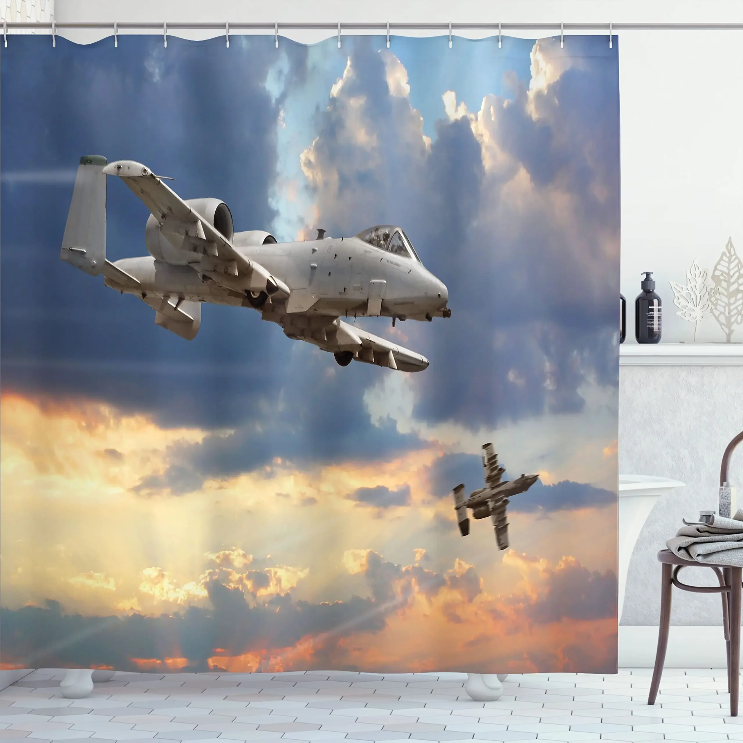 Airport Shower Curtain,Aviation Themed Illustration of Parked Airplanes Landed In Airfield,Polyester Fabric Bathroom Curtain Set