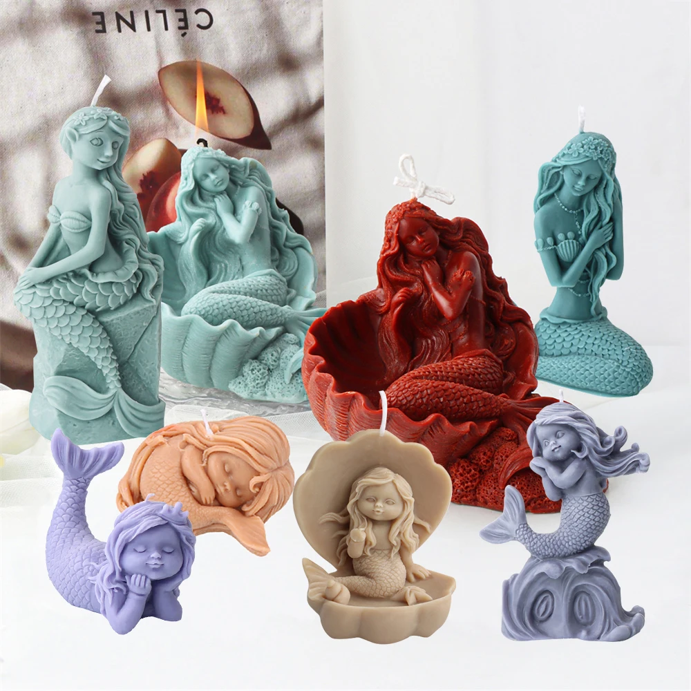 Mermaid in A Shell Silicone Candle Molds Cute 3D Sleeping Baby Girl Princess Soap Mould DIY Marine Theme Craft Cake Decoration