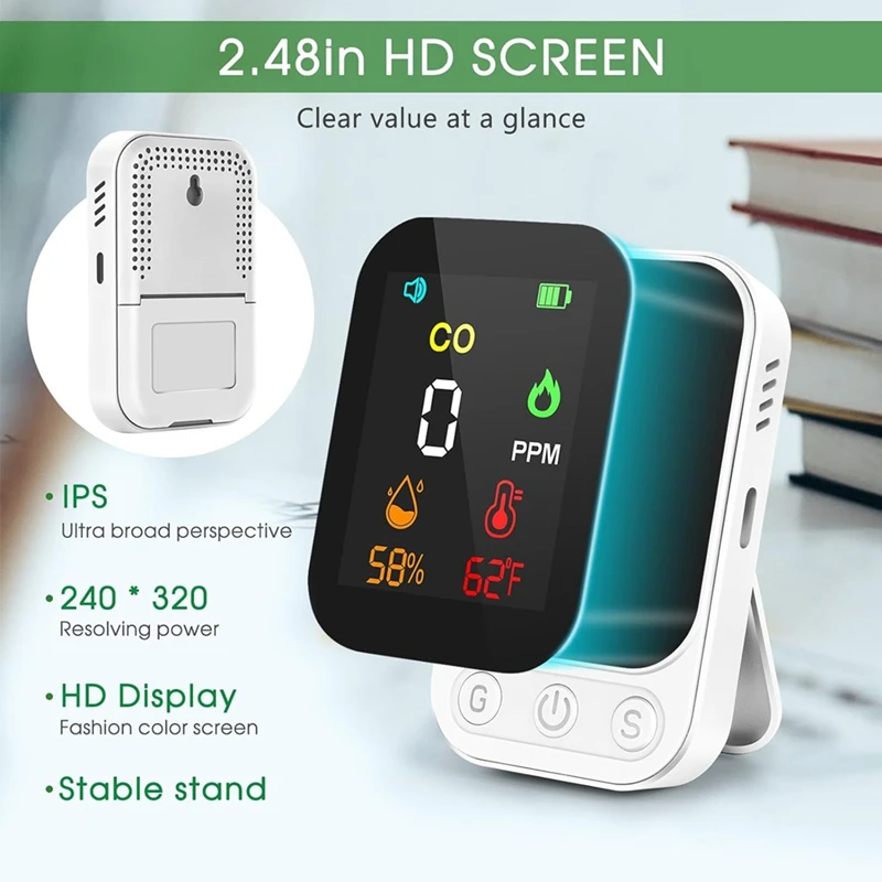 Carbon Monoxide Detector 3-In-1 CO Temperature Monitor With 2.48In HD Screen & Indicator Visual For Home Travel Hotel RV