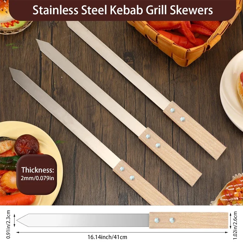 Kabob Skewers 15.7 Inch Long 0.91 Inch Wide 2mm Thin Stainless Steel BBQ Skewer Stainless Steel Reusable Kobide Skewers