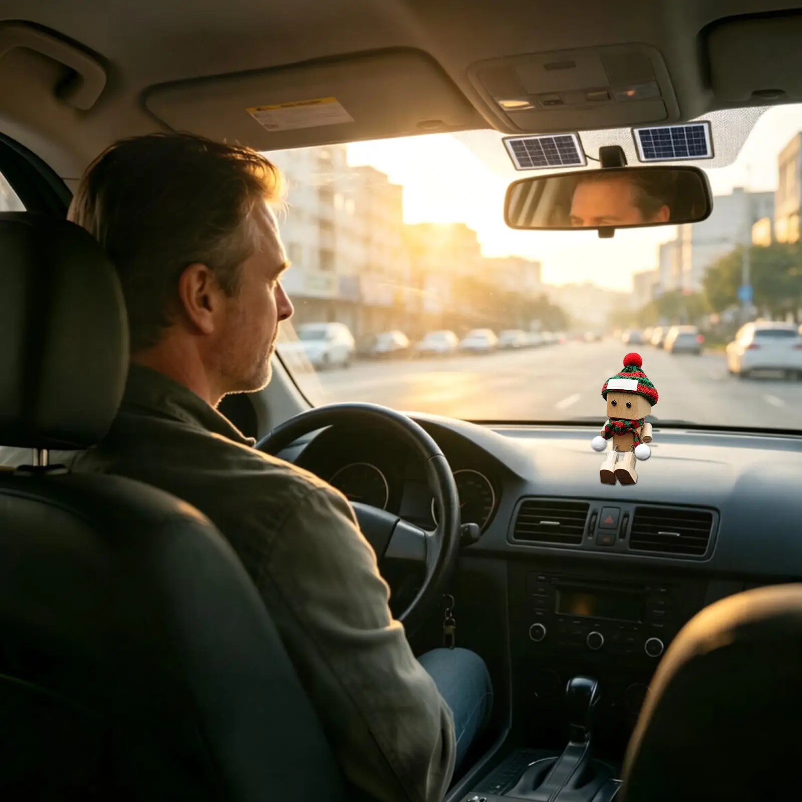 Wooden Man Car Decoration Leg Shaking Auto Figurine Air Vent Ornament Christmas Hat Scarf Cute Bobblehead Daily Driving Gift