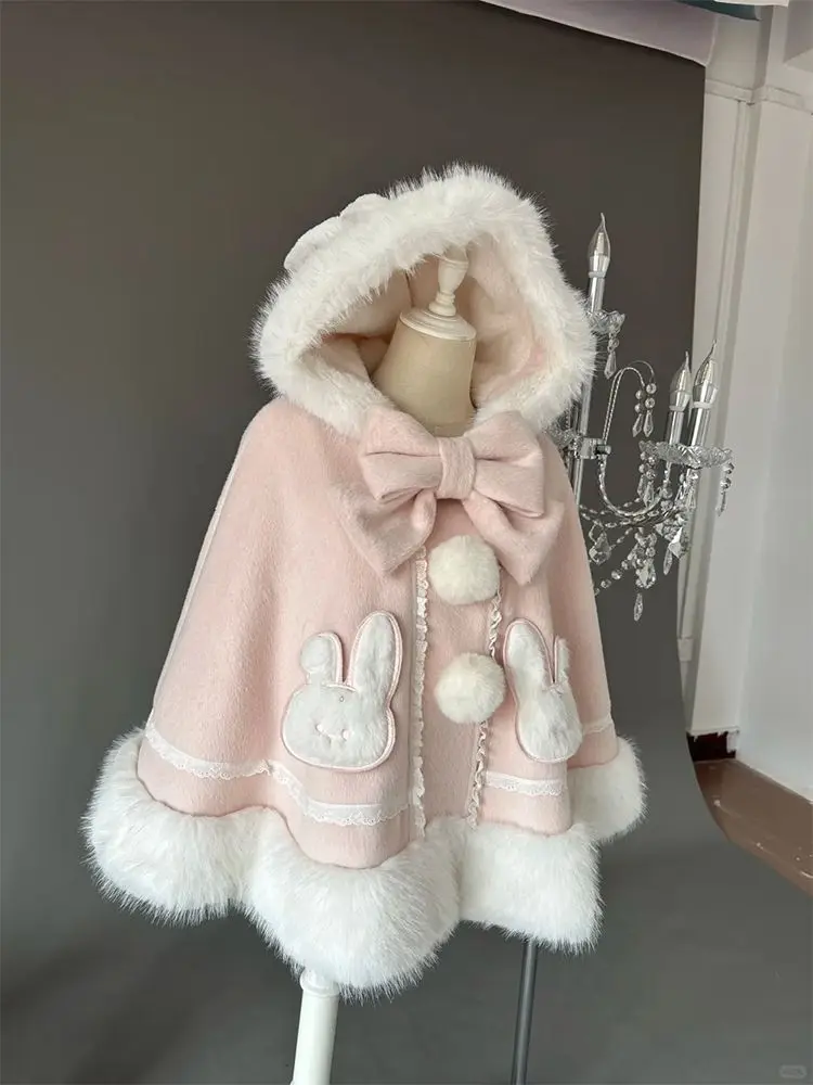 Mantello con cappuccio giapponese dolce e carino con fiocco Autunno Inverno Nuovo cappotto da principessa Lolita caldo per ragazze Cappotto casual Kawaii Chic