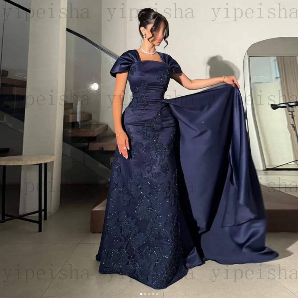 カスタマイズされたスクエアカラーイブニングドレス半袖背中の開いたスパンコールレースアップリケウエディングドレスネイビーブルーマーメイドパーティードレス