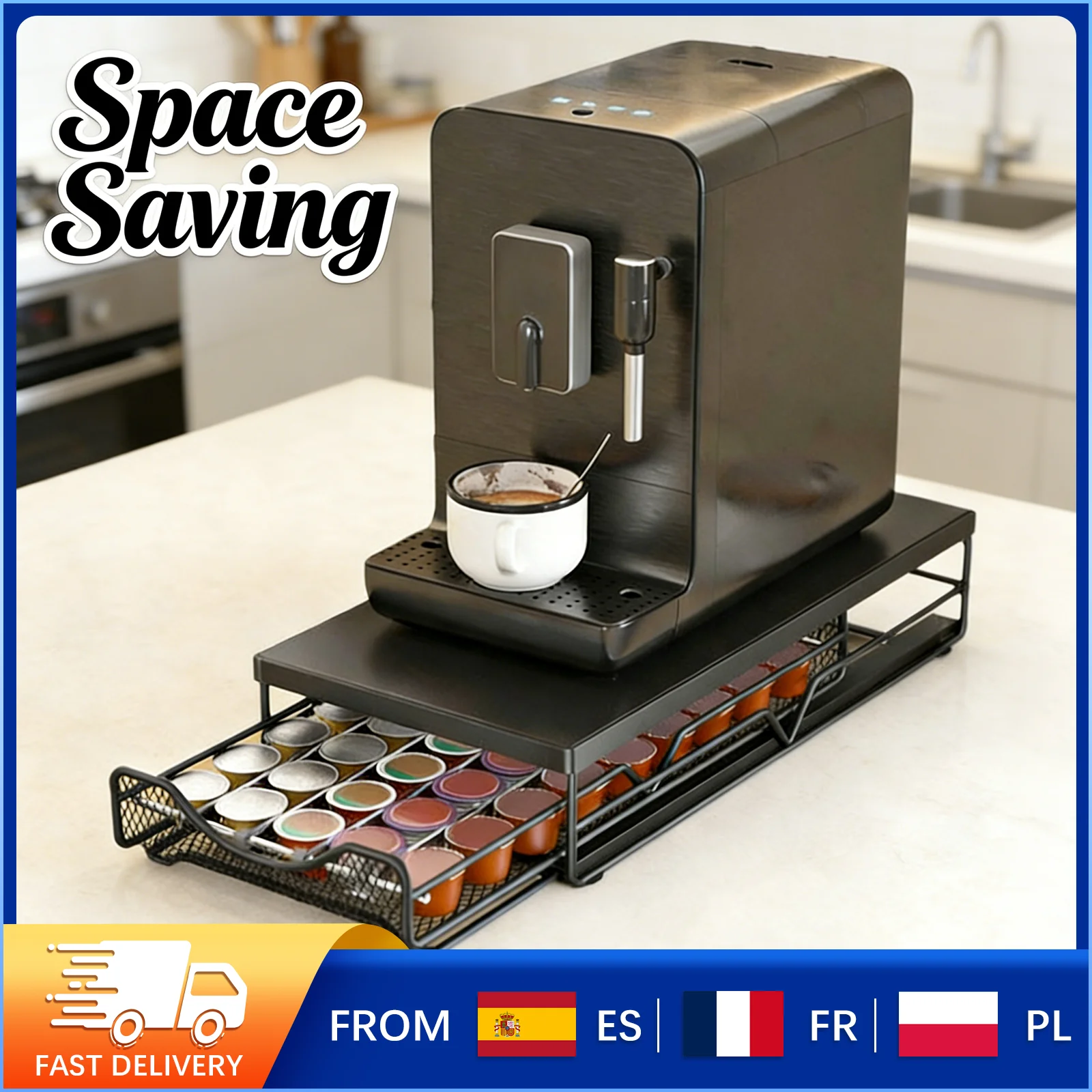 Coffee Capsule Storage Drawer, Adjustable Sliding Organizer, Fits 40 Capsules, Easy - Pull Design, Anti - Slip Base Included