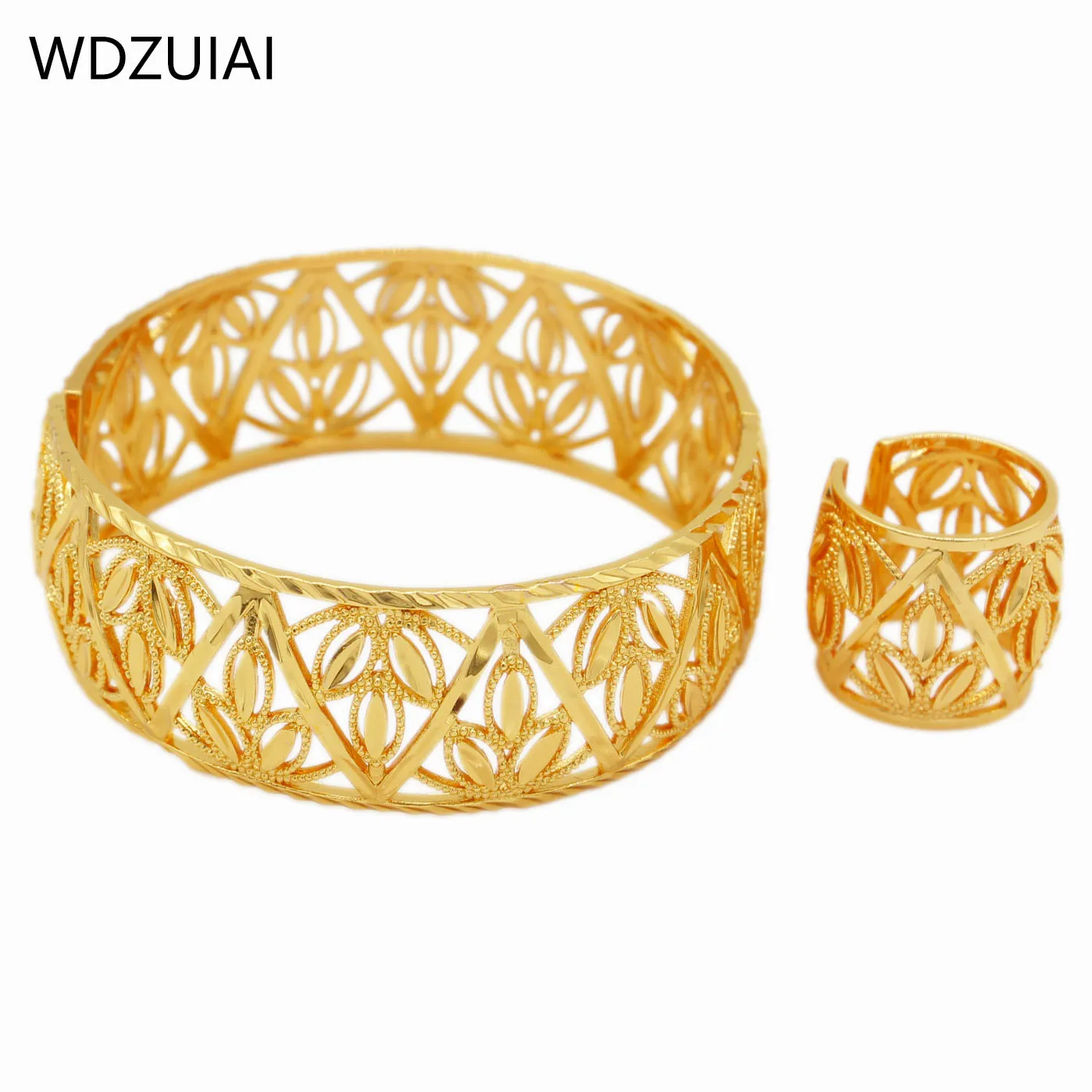 WDZUIAI New Arrival Dubai Bangle Gold Color Top Quality Bracelet&Ring Jewelry Set African French Women Men Lovers Luxury Jewelry