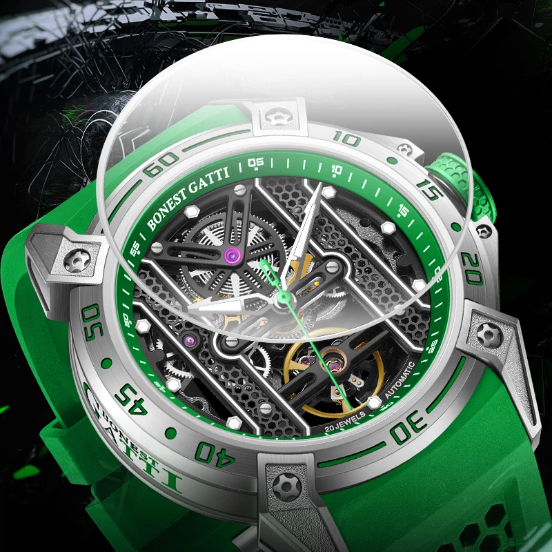 Часы мужские механические водонепроницаемые с сапфировым стеклом и ремешком, 45 мм