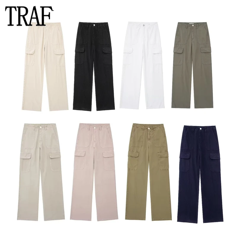 TRAF 2023 Cargo Pants Women 8 Colors High Waist Pants for Women Summer Cargo Trousers Women Streetwear Straight Leg Pants Woman