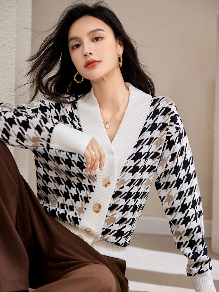 Autumn Winter Loose Knitted Cardigan Female V Neck Long Sleeve Sweater Houndstooth Coat Women Casual Versatile Tops