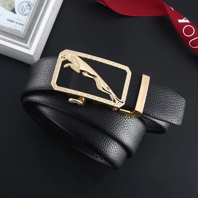 

New Leopard Shaped Alloy Buckle Genuine Leather Men's Belt Korean Version High-Quality Business Black Lychee Pattern Pants Belt