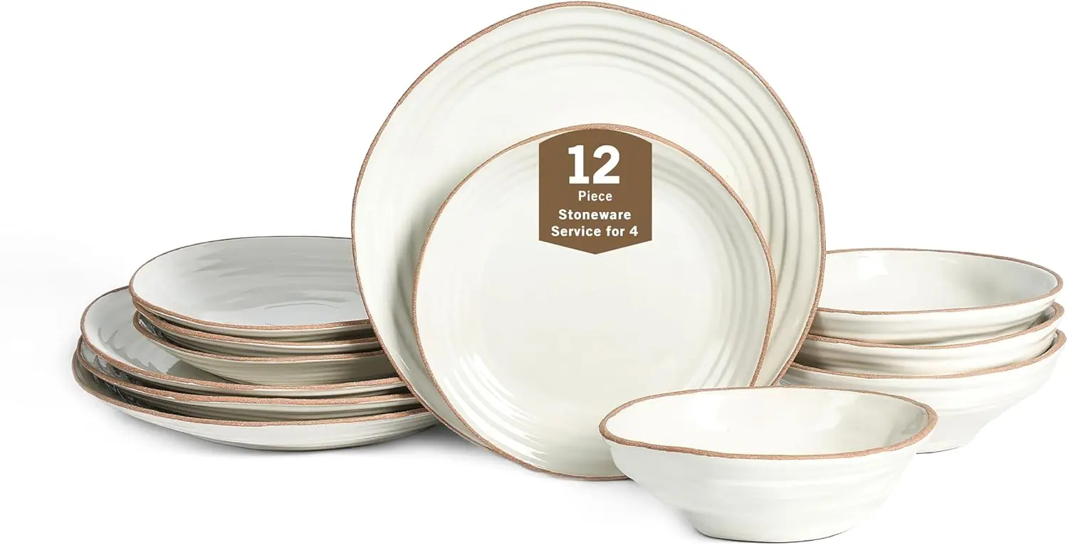

Nami 12-Piece Dinnerware - Stoneware, Plates and Bowls Set, Microwave and Dishwasher Safe, Dish for 4, White