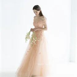 OLOEY Fairy Peach Pink Tulle Korea Lady Long Prom Dresses Customized For Weding Photoshoot 3D Flowers Evening Gowns