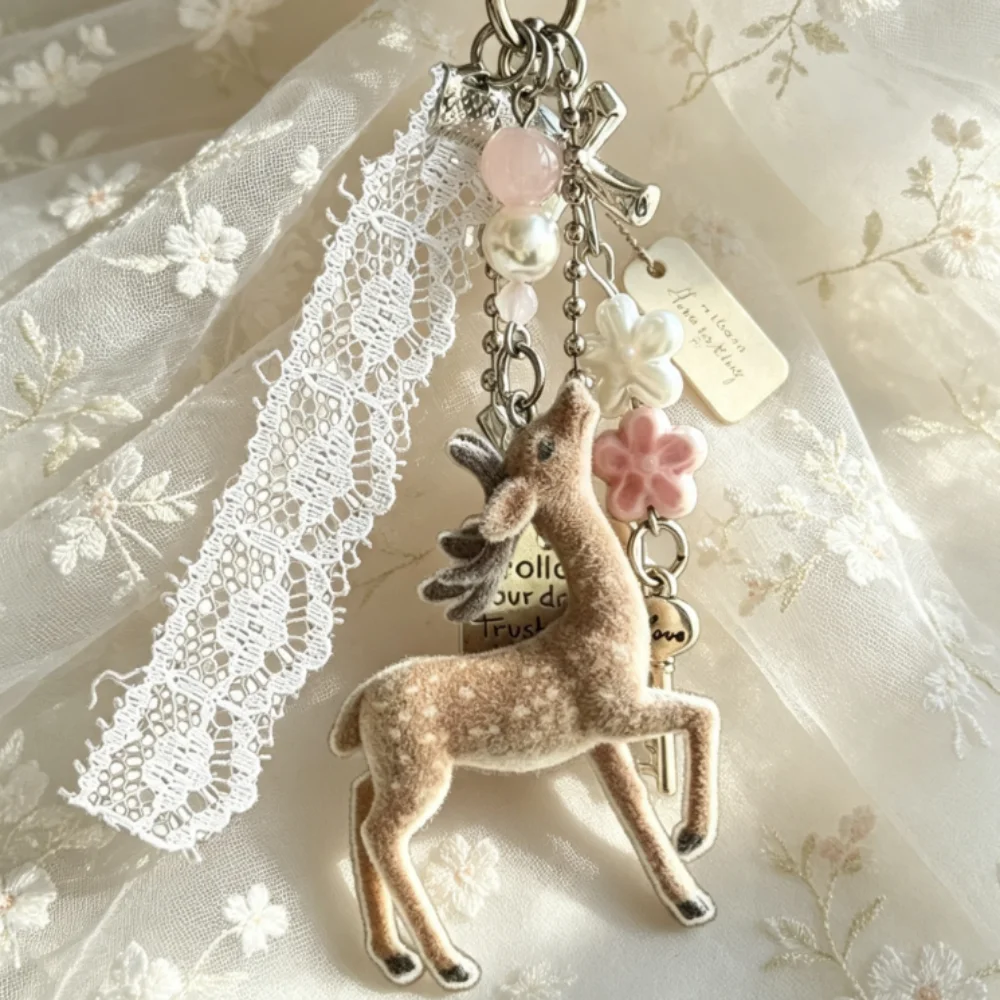 Lace Detail Keychain Animal Themed Flocked Deer Keychain Deer Keychain Romantic For Campus Wear Dates Gift For Friends