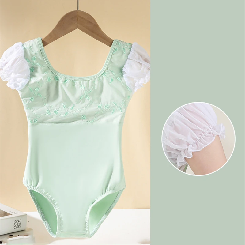 Girls Ballet Leotards Classical Short Sleeve Gymnastic Ballerina Outfit Stretch Puff Sleeves Bodysuit Elegant Toddler Dance Wear