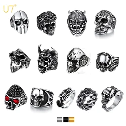 U7 Stainless Steel Skull Rings for Men Vintage Hannya Mask Devil Horn Skull Jesus Sparta Helmet Gothic Signet Ring Jewelry Gift