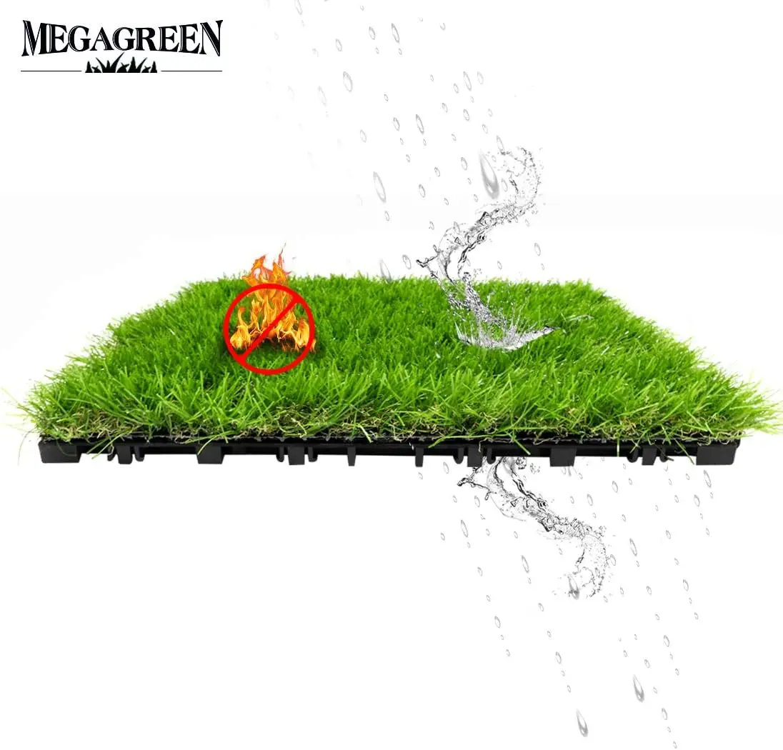 Artificial Grass Turf Tile Fake Grass Flooring Mat Interlocking Self-Draining 12''X12'', 1.7'' Height (1.38In Grass)