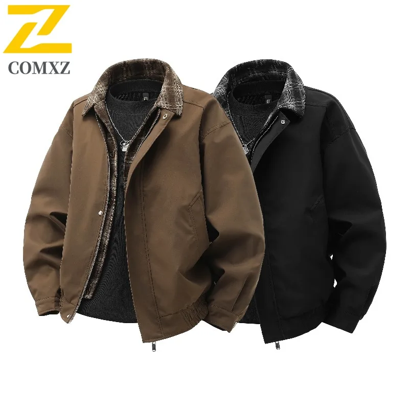 COMXZ 2025 Mens Detroit Style Plaid Two Piece Jacket Casual Coat