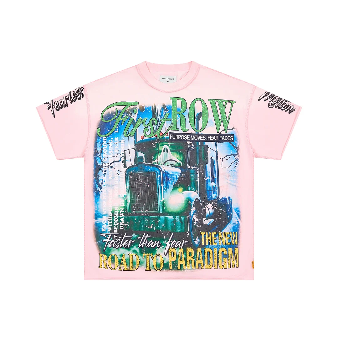 High Quality Gradient Pink Tee Men FIRST ROW Vintage Graphic Print T-shirt Retro Y2K Streetwear Loose Crew Neck Shirts Unisex