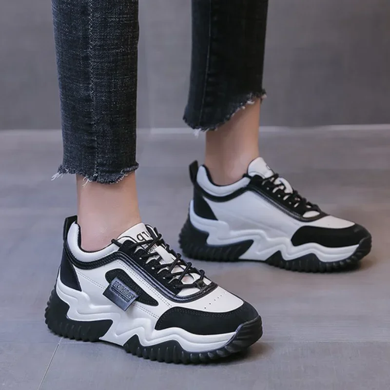 Women Mixed Color Chunky Platform Sneakers Spring Fashion Thick Soled Vulcanized Shoes Woman Lace Up Increase Casual Sports Shoe