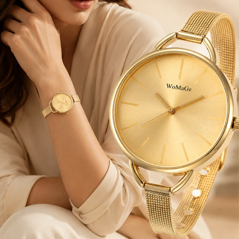 Elegant Women's Watch Simple Ultra‑thin Mesh Metal Strap Simple Analog Quartz Wristwatch Fashion Ladies Watch Clock Gift Montre
