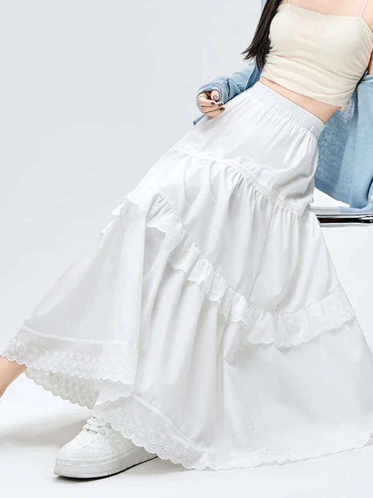 New Solid Color White Fashion Lace Elastic Waist Women Skirts Casual Classic Elegant Office Ladies Summer Simple Female Skirts