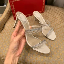 2024 Summer New Sandals with Transparent Crystal Rhinestones High-heeled Stiletto Women's Slippers
