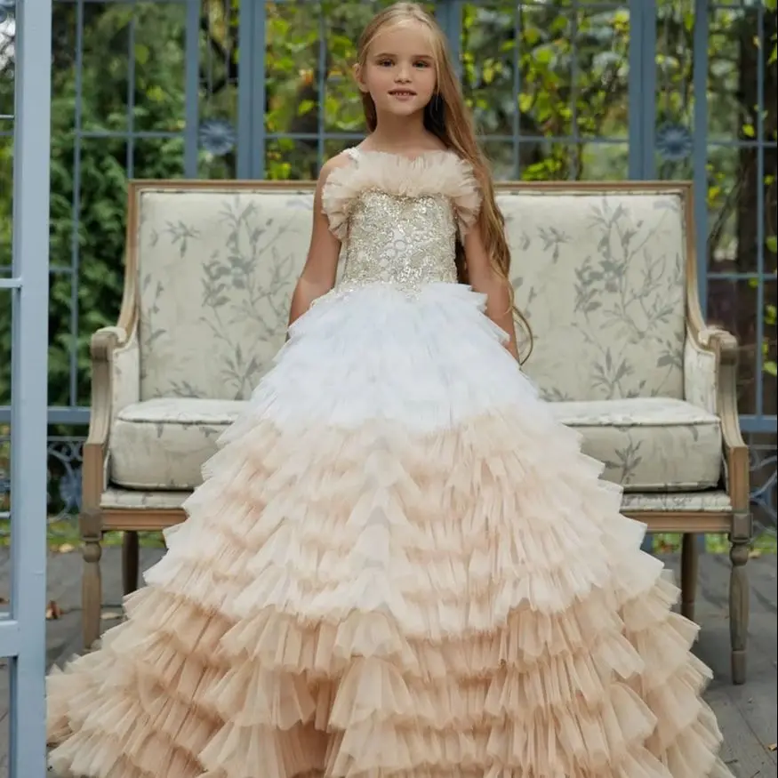 Mini abiti Quinceanera abito da ballo senza spalline Tulle abiti da ragazza di fiori a strati per matrimoni abiti da spettacolo Baby