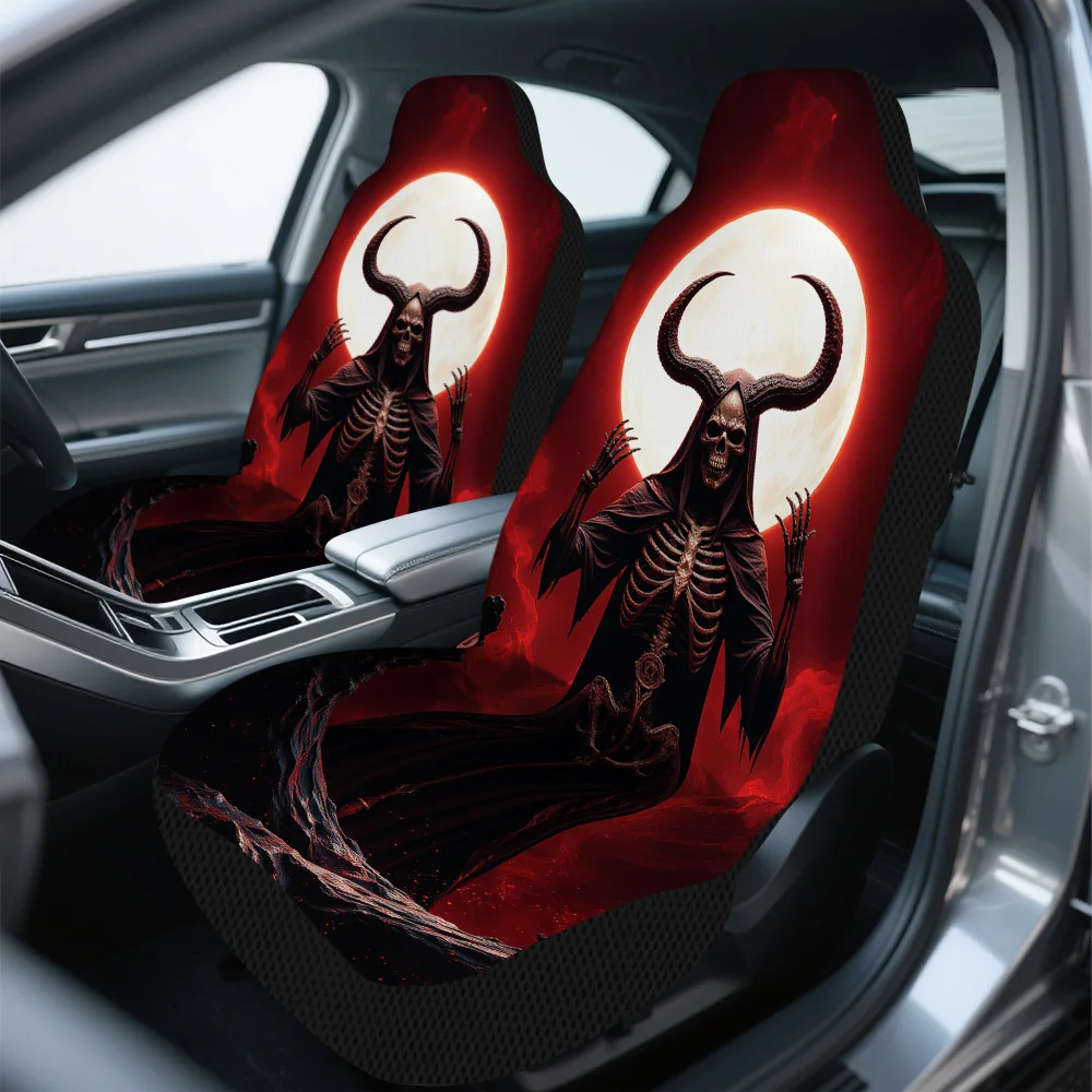 2pcs Red Skull Devil Moon Pattern Car Seat Covers | Comfortable And Durable, Universal Fit For Front Seats, Perfect For Family T