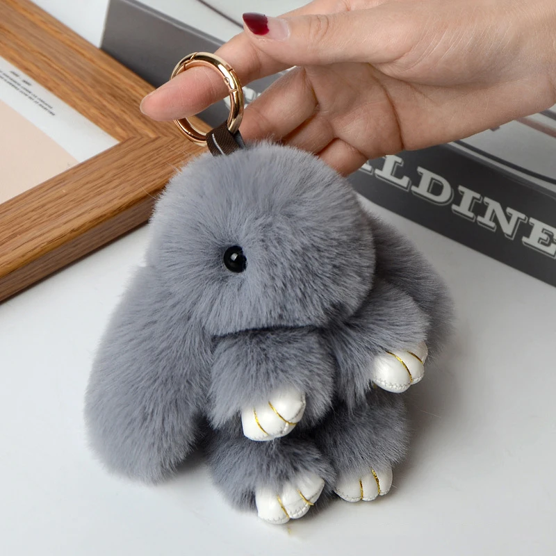 Rabbit Keychain Ring Fluffy Real Fur Pompon Bunny Trinket Key Chain Charm Cute Key Ring On Bag Car Key Pendant