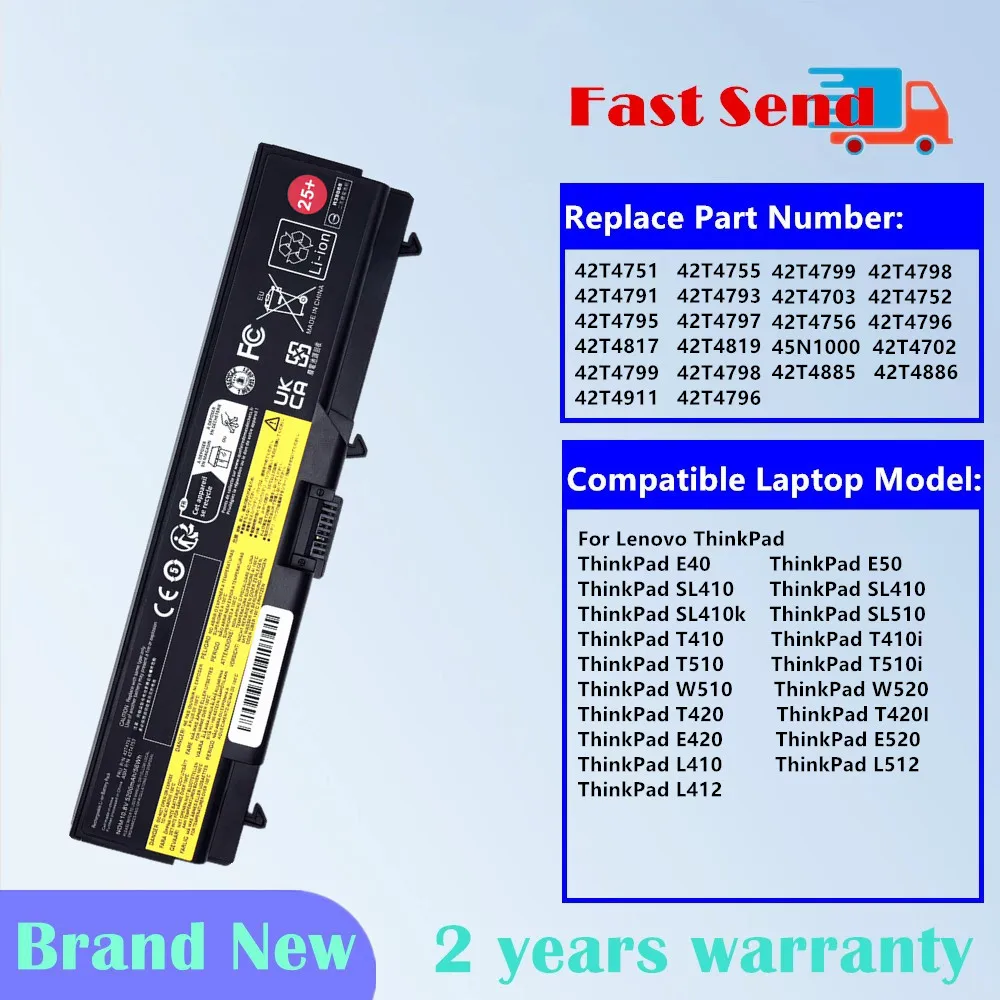 

Laptop Battery for Lenovo ThinkPad E40 E50 SL410 SL510 T410 T510 W510 W520 T420 E420 E520 L410 L512 L412T510i 42T4751 42T4752