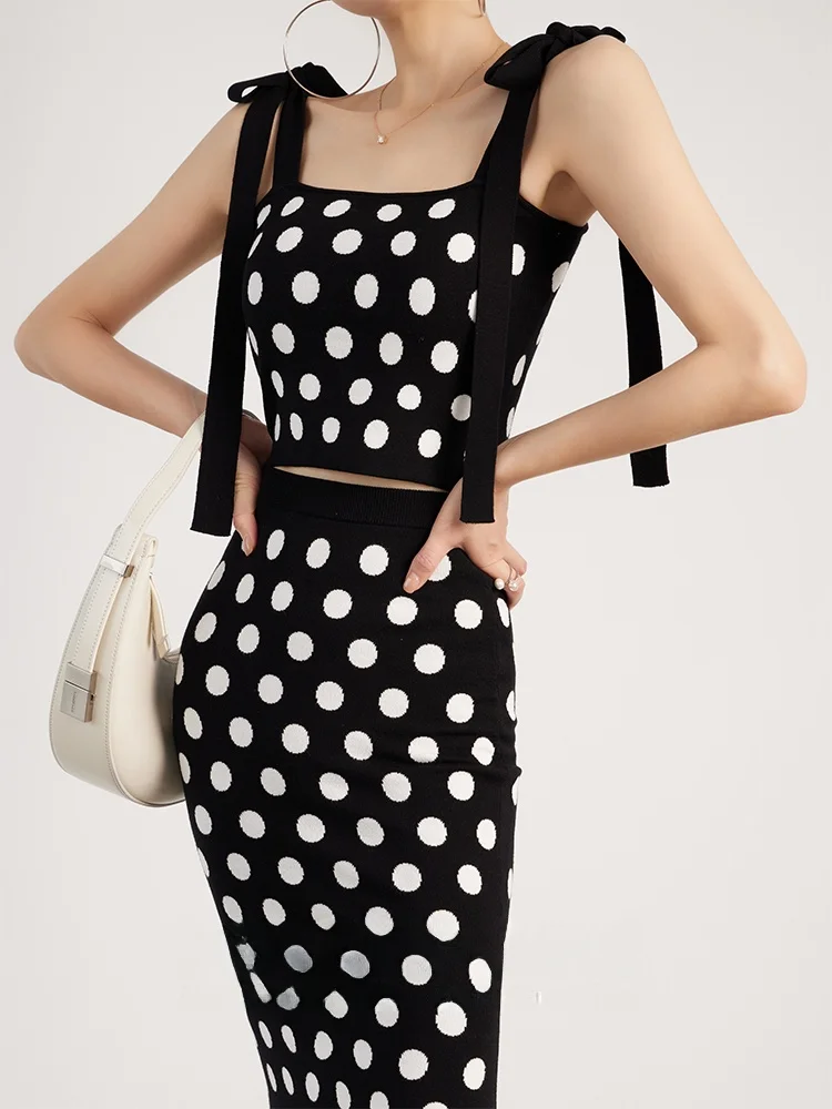 

Foundume Summer New Polka Dot Knitted Set Wrap Chest Belted Top And Fi Tail Skirt Faionable Women's Ensemble Age 25-35