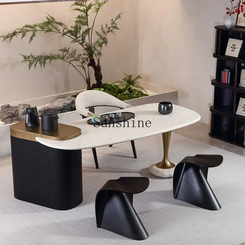 Modern simple light luxury natural travertine living room home office tea table and chair combination  FT
